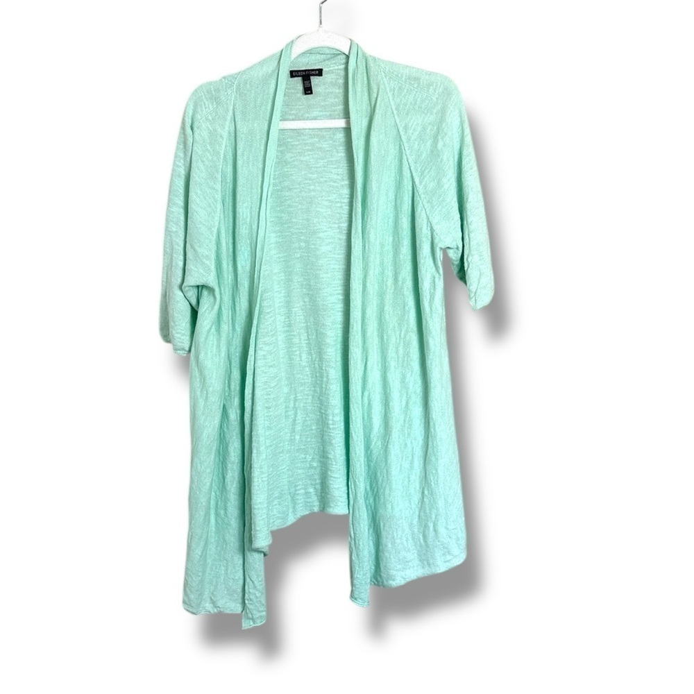 Eileen Fisher Pastel Green Lightweight Linen Blend Open Front Cardigan Large